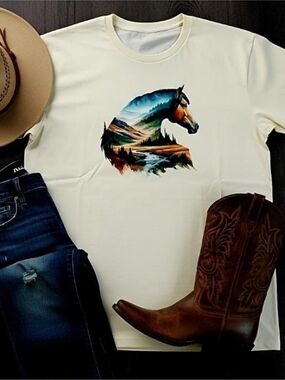 Horse Landscape Graphic Tee • Western Nature Shirt • Country Cowgirl Top • Ranch